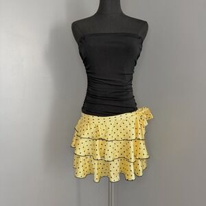 Y2K Strapless Mini Dress M Ruched Top Yellow Polka Dot Ruffle Side Tie Skirt